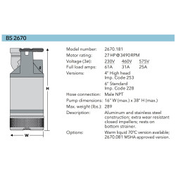 Flygt BS2670.181 HT/226 18kW 230V max. 65m 2666L/min. drenažinio siurblio techninė specifikacija