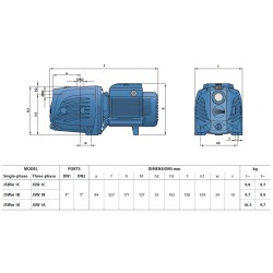 Pedrollo JSWm1BX-40APT dydžio ir svorio parametrai