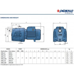 Pedrollo JSWm2BX-100CL dydžio ir svorio parametrai